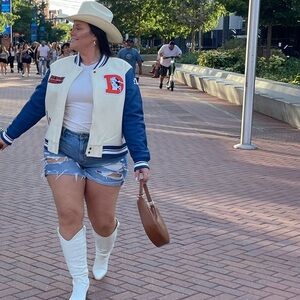 Women’s Denver Broncos Pro Standard Cream Retro Classic Vintage Varsity Jacket